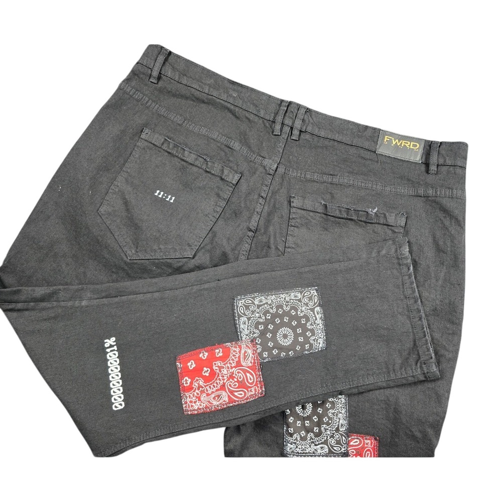 FWRD Denim Mens Black Bandana Patchwork Distressed Streetwear Jeans 46x33